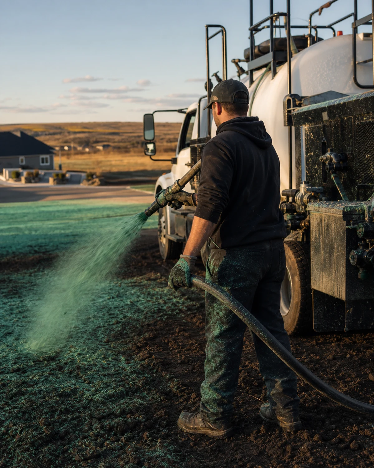 Hydroseeding technician applying seed mulch beside the company rig