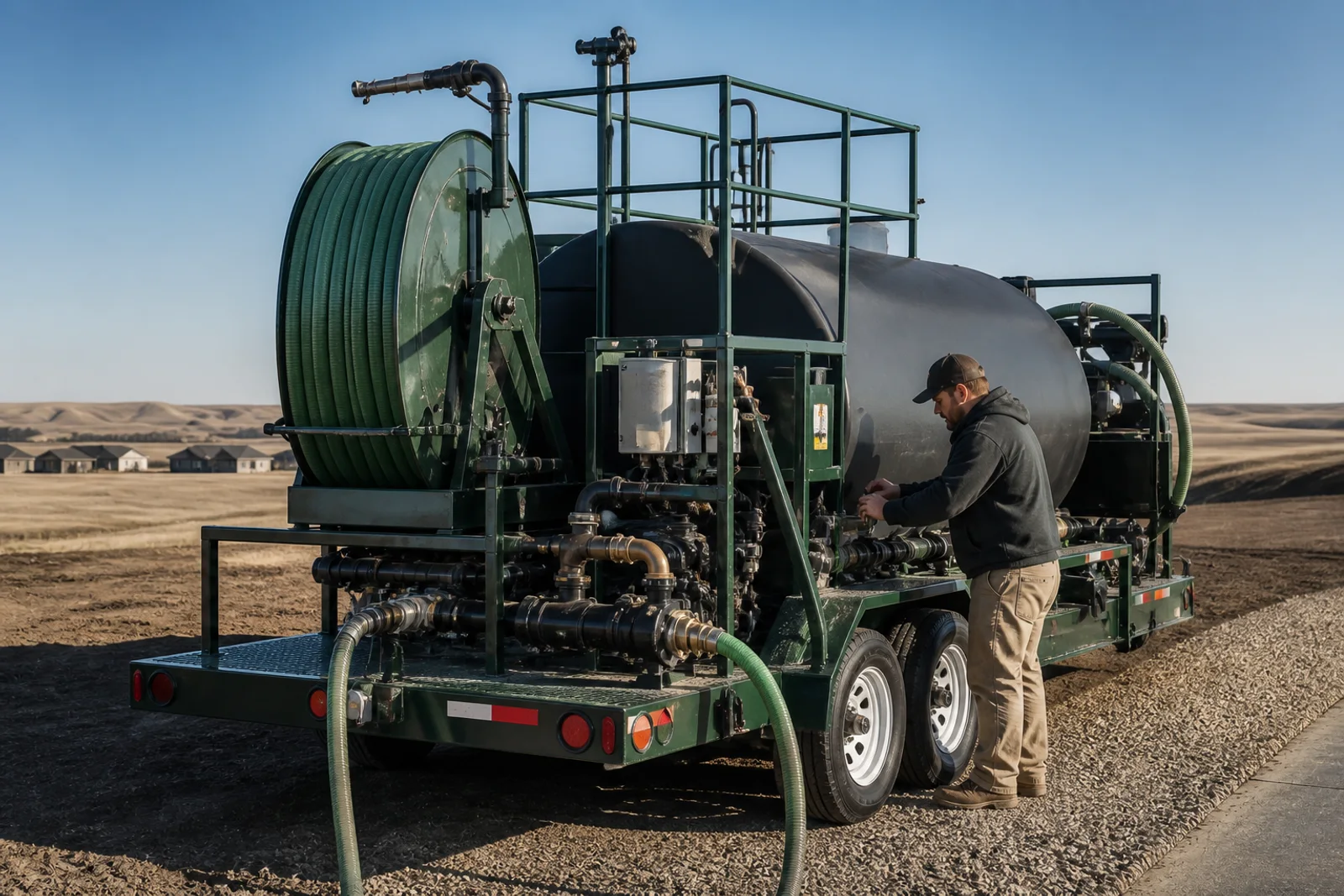 Technician inspecting a professional hydroseeding tank and hose system