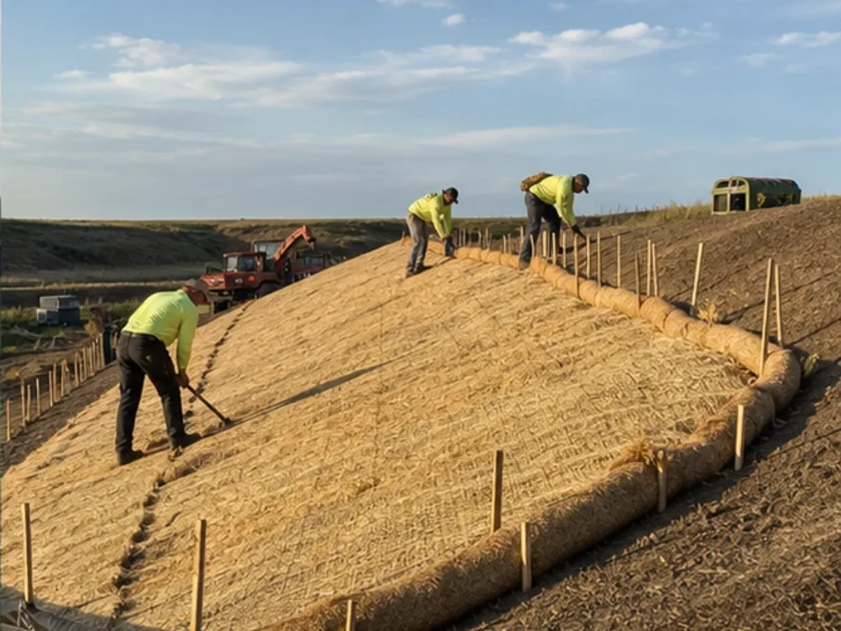 Crew installing erosion-control blankets and wattles on a slope