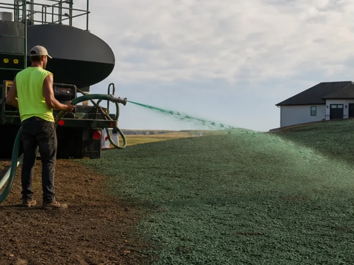 Hydroseeding application beside a professional tank truck