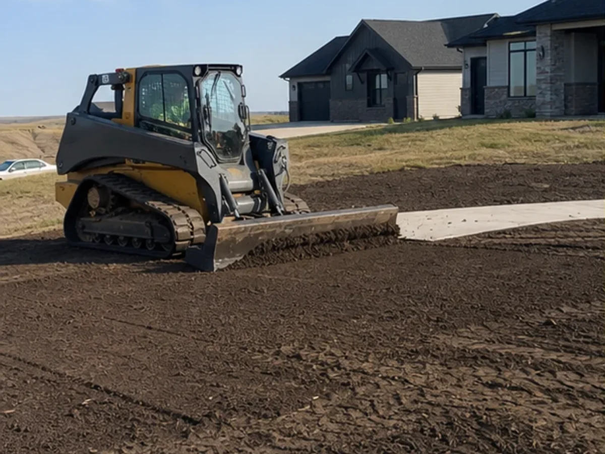 Skid steer grading and preparing soil on a residential property